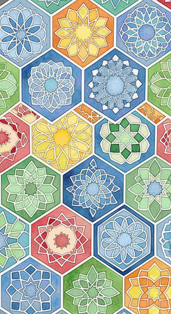 Seamless pattern of colorful arabic hexagonal tiles.