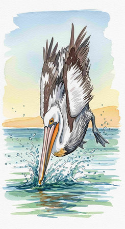 Watercolor illustration of a pelican in flight on the background of the sea.の写真素材