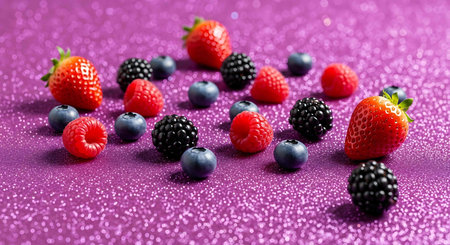 Strawberries, blueberries and raspberries on a purple background