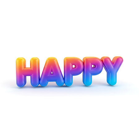 3D Illustration of Happy Text, Isolated on White Backgroundの写真素材