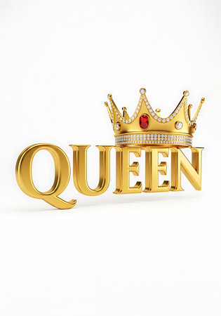 3D Illustration Golden Word Queen with Crown on a white backgroundの写真素材