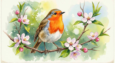 cherry blossom with robin bird, hand drawn vector illustrationの写真素材