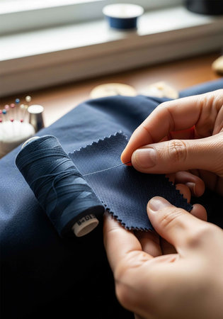 Closeup of female hands sewing blue fabric on table in tailor shop