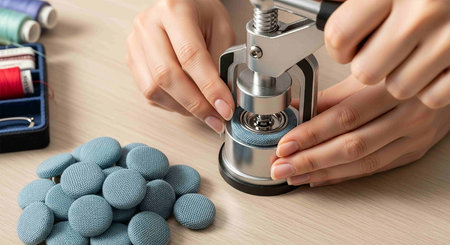 Close-up of hands of seamstress working with blue fabric on table