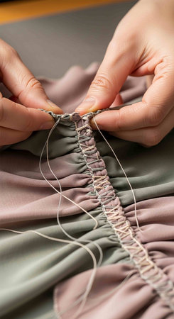 Close-up of the hands of a seamstress working with fabric