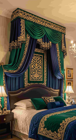 Interior of a hotel bedroom with green and blue curtains and bed