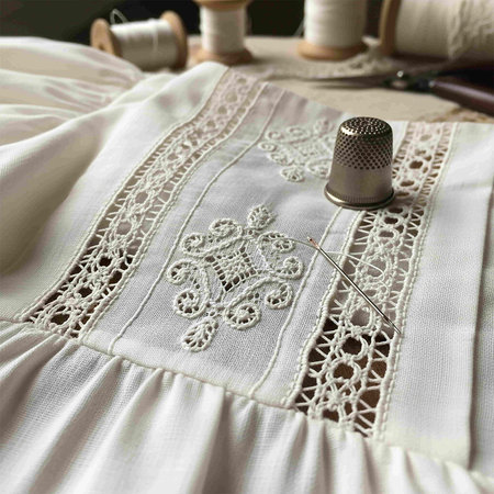 Embroidery on white fabric with needle and thimble.
