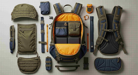 Set of camping equipment on paper background, top view. Travel concept