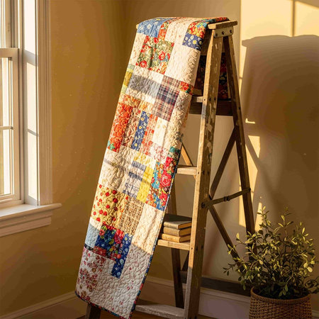Handmade quilt on a wooden ladder. 3d render.