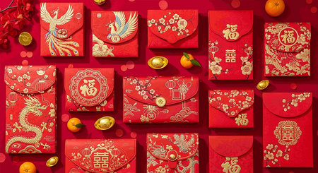 Chinese New Year red envelopes and gold ingots on red background