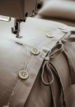 Sewing machine with buttons and fabric close-up. Sewing process