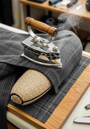 Ironing a piece of cloth on a wooden table in a tailor shopの写真素材