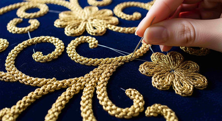 Close up of woman's hands embroidering gold flower on blue fabricの写真素材