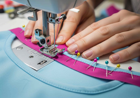 Close-up of female hands sewing clothes on a sewing machine.
