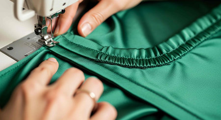 Closeup of woman's hands sewing a green dress on a sewing machineの写真素材