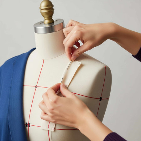 Female fashion designer sews a jacket on a mannequin.の写真素材