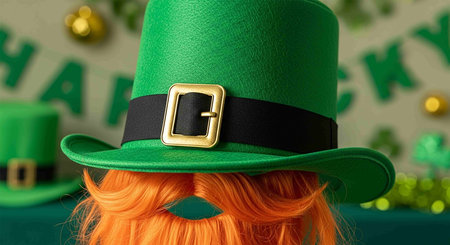 St. Patrick's Day background with green hat and orange wig.の写真素材