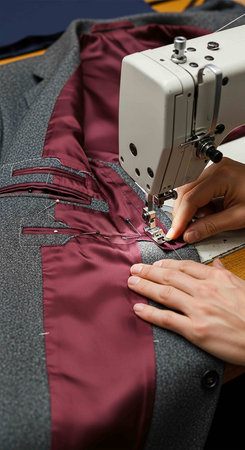 Close-up of female hands sewing a jacket on a sewing machine