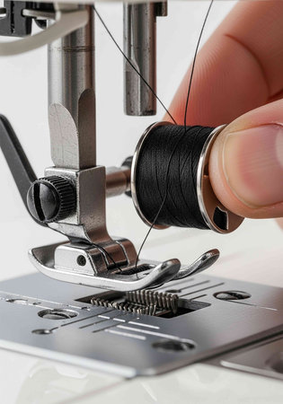 Sewing machine close-up. Sewing process. Hand with thread