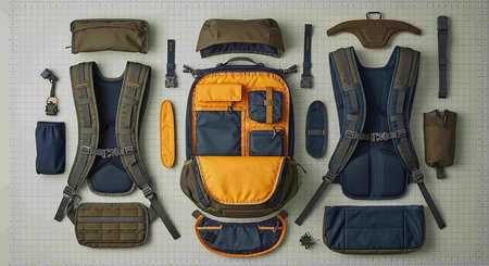 Top view of a set of camping equipment on a checkered background