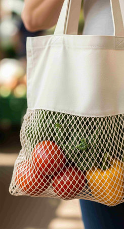 Eco bag with fresh vegetables in the hands of a woman.