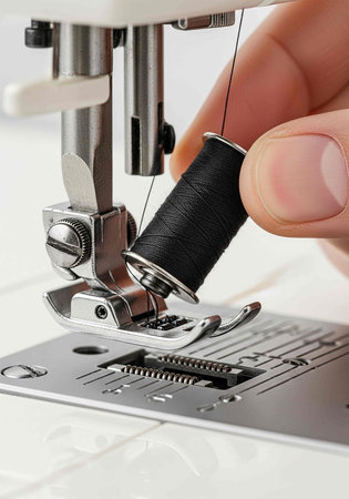 Sewing machine with black thread and needle, close-up