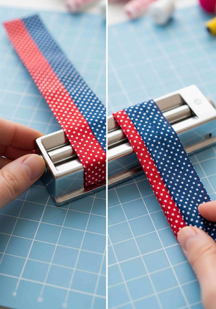 Collage of woman's hands cutting red and blue ribbon with stapler