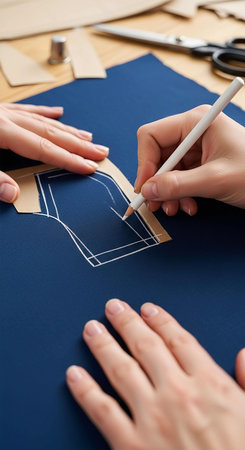 Close-up of female hands drawing a pattern on blue paper.の写真素材