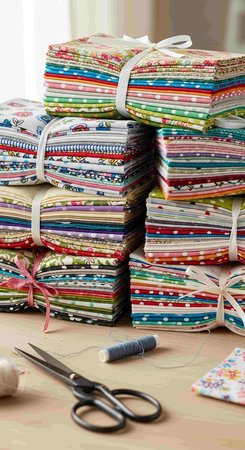 Pile of colorful fabric sheets tied with ribbons and sewing accessories