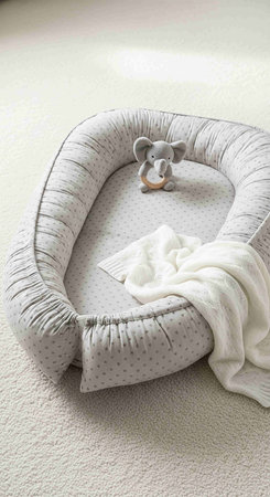 Baby crib with pillow and teddy bear on white carpet, closeup