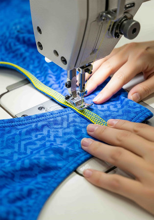 Close up of a female hands sewing on a sewing machine with blue fabric