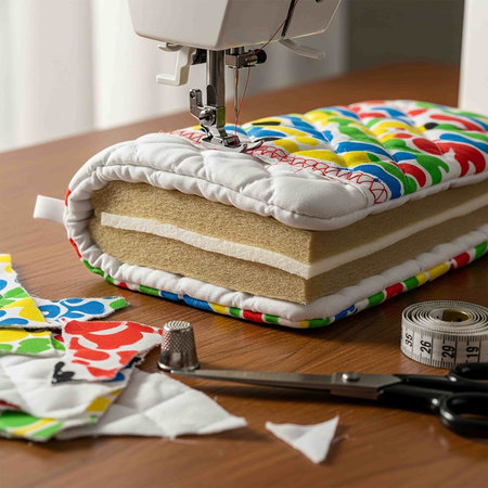 Sewing machine, fabric and measuring tape on the table.