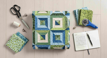 Top view of handmade quilt on white wooden background. 3d renderingの写真素材