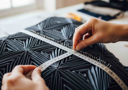 Close-up of hands of a seamstress with a measuring tape.の写真素材