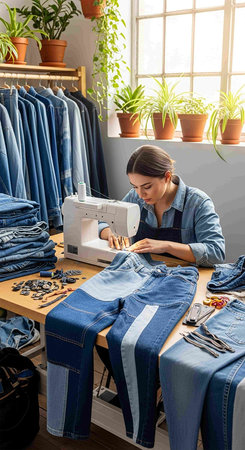 Fashion designer working on a new collection of jeans in her studioの写真素材