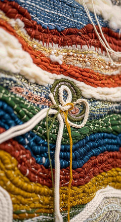 Colorful handmade embroidery on a piece of fabric close upの写真素材