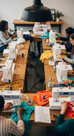 High angle view of diverse female fashion designers working together in modern studioの写真素材