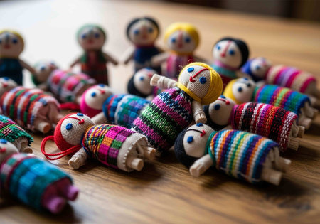 Colorful handmade crochet dolls on wooden table. Selective focus.の写真素材