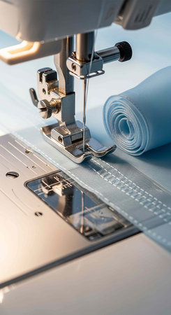 Sewing machine with blue fabric close up. Sewing process.の写真素材