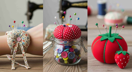 collage of sewing accessories in a glass jar on a wooden table