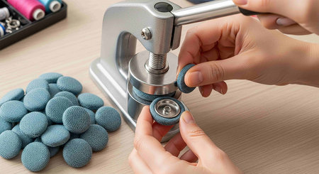 Close-up of a female hands using a sewing machine to sew blue threadsの写真素材