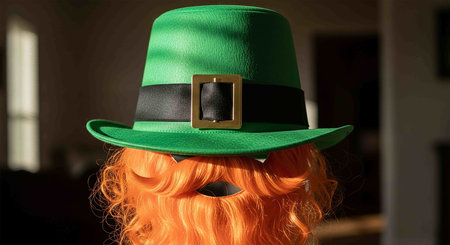 Leprechaun in green hat and orange wig with black beltの写真素材