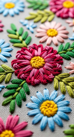 Colorful flower embroidery on fabric. Close-up.