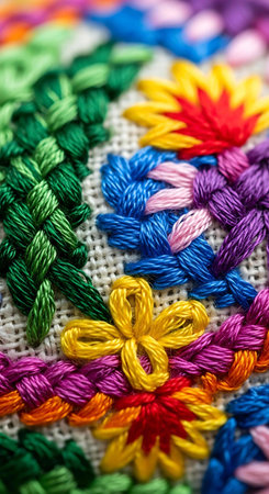 Colorful embroidery on a white background. Close-up.の写真素材