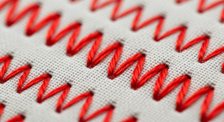 Close up of a red thread on a white fabric as a backgroundの写真素材