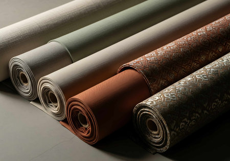 Rolls of fabric for curtains and blinds on a gray backgroundの写真素材
