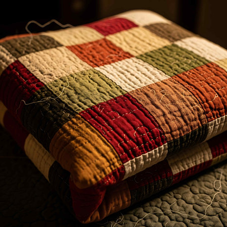 Close up of colorful quilted pillows. Selective focus.の写真素材