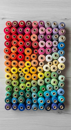 Multicolored sewing threads on white wooden background. Top view.