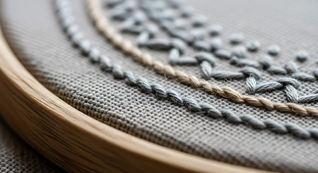 Embroidery thread on fabric closeup. Textile backgroundの写真素材