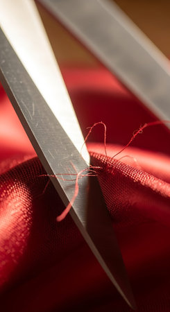 Sewing tools on red fabric background. Close up. Selective focus.の写真素材